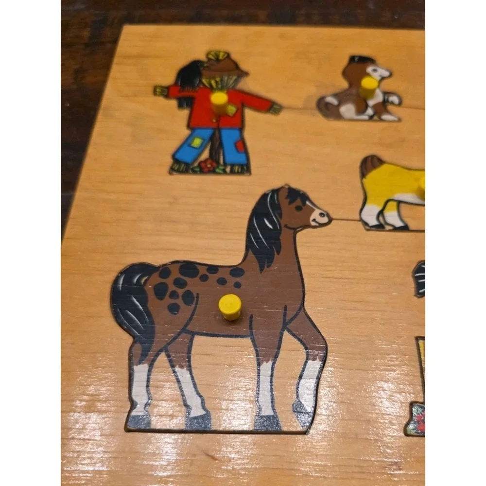 Vtg Wooden Peg Puzzle Lot Fisher Price Farm Animals School Bus Simplex Holland